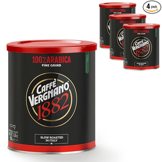Caffì±?Vergnano Italian Finely Ground 100% Arabica Espresso Coffee, 4 Pack ??Intensity 6, Delicate & Subtly Fruity Blend, Slow Roasted with Notes of Milk Chocolate, Caramel & Nuts, 8.82 oz Tin
