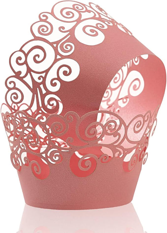 Cupcake Wrappers, KPOSIYA 50 Pack Cupcake Wraps Filigree Artistic Bake Cake Paper Cup Little Vine Laser Cut Liner Baking Cups Muffin Case Trays for Wedding Party Birthday Decoration (50, Pink)