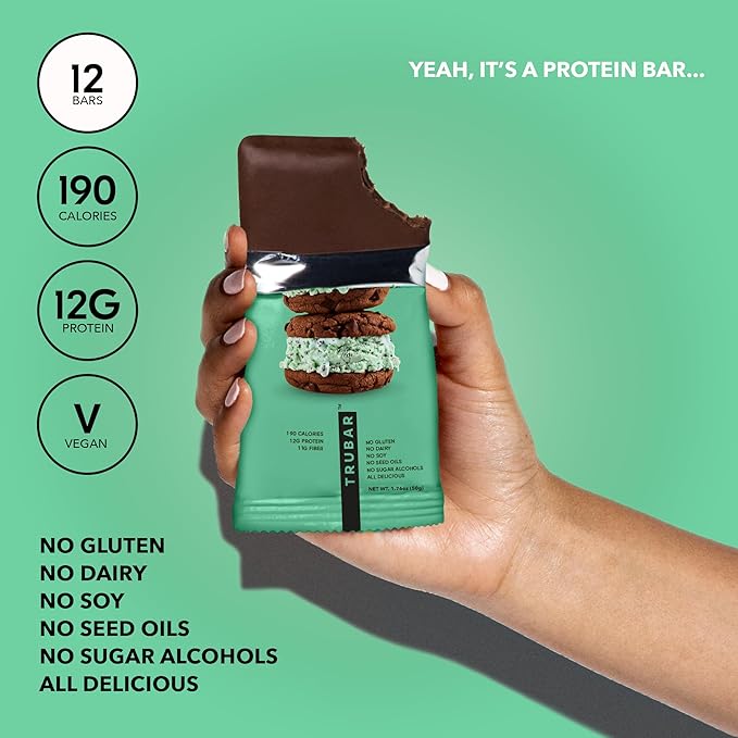 TRUBAR Vegan Protein Bar, It???Mint to Be Chip, Gluten Free, Plant Based High Fiber, Dairy Free, Non GMO, Low Fat, No Sugar Alcohols, 12G Lean Protein, 13G Fiber, Healthy Snack Bars, 12 CT