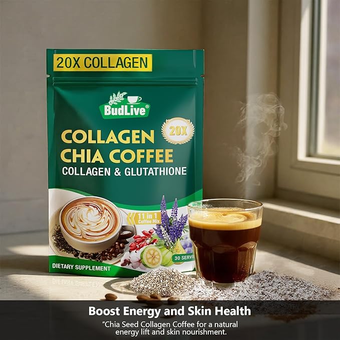 20X Collagen Chia Coffee, 11 in 1 Shape Coffee Mix with Collagen & Chia Seeds, Goji Berry, Supports Hair, Skin & Nails, Boost Beauty & Energy, Sugar Free, Vegan, Gluten-Free, 30 Servings