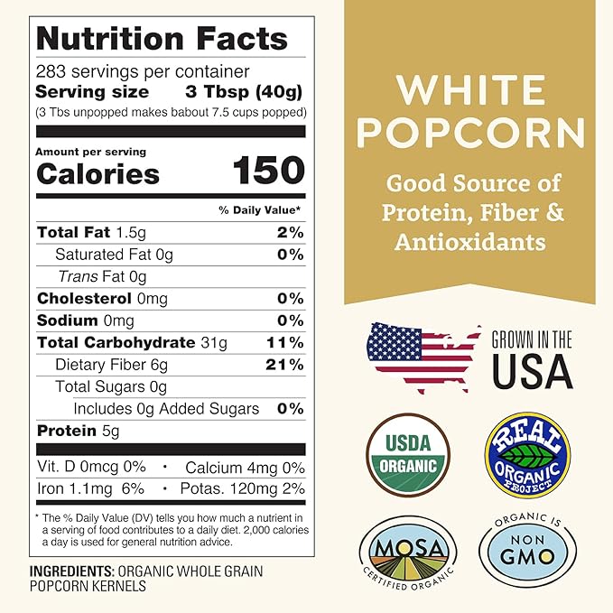 Organic White Popcorn Kernels Unpopped 25 lb Bulk - Healthy, Non-GMO, Gluten-Free, Pesticide-Free, Chemical-Free, Glyphosate-Free, Grown in Regenerative Soil in Wisconsin USA by Doudlah Farms