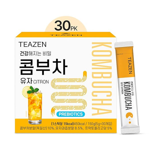 TEAZEN Citron Kombucha Tea, Hydration Drink Mix, Sugar Free, Live Probiotics & Prebiotics, 30