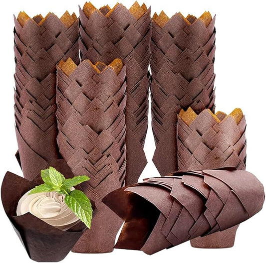 200PACK Tulip Baking Paper Cups Cupcake Liners Baking Cups Muffin Wrappers Greaseproof Paper Made,Perfect for Birthday Parties,Weddings,Bakeries,Restaurants, Brown