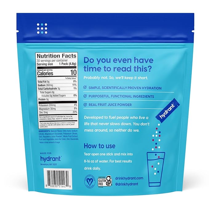 Hydrant Hydrate No Added Sugar, Individual Hydration Electrolyte Powder Stick Packets with Zero Sugar and Electrolytes for Rapid Hydration (Watermelonade, 30 Count)