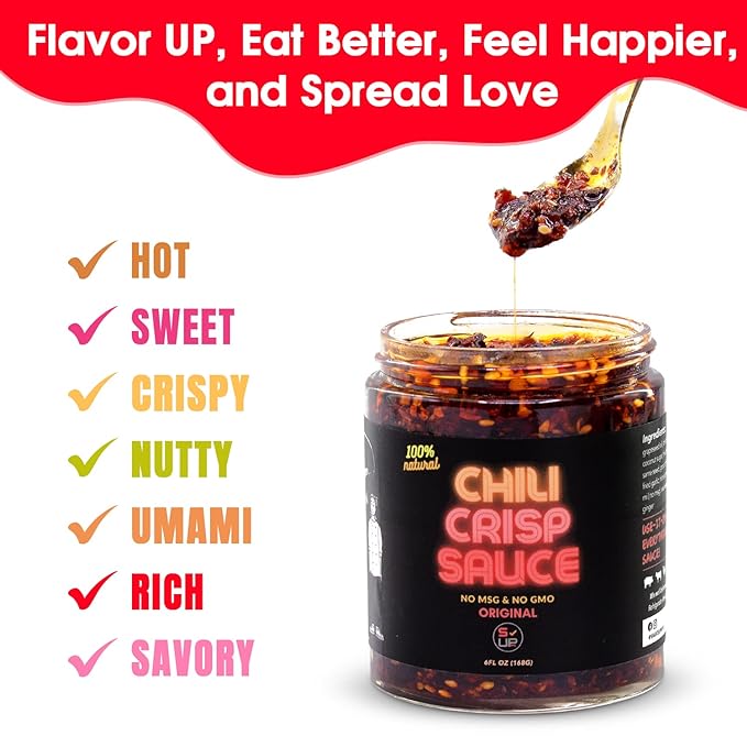 SAUCE UP 100% Natural Artisan Chili-Crisp 6oz- Premium Ingredients, Vegan, Keto, Zero Msg, Flavor Bomb, Crafted in NYC (Sweet, Crispy, Umami, Smoky, Savory)-Good on Anything Chili Sauce (Extra Spicy)