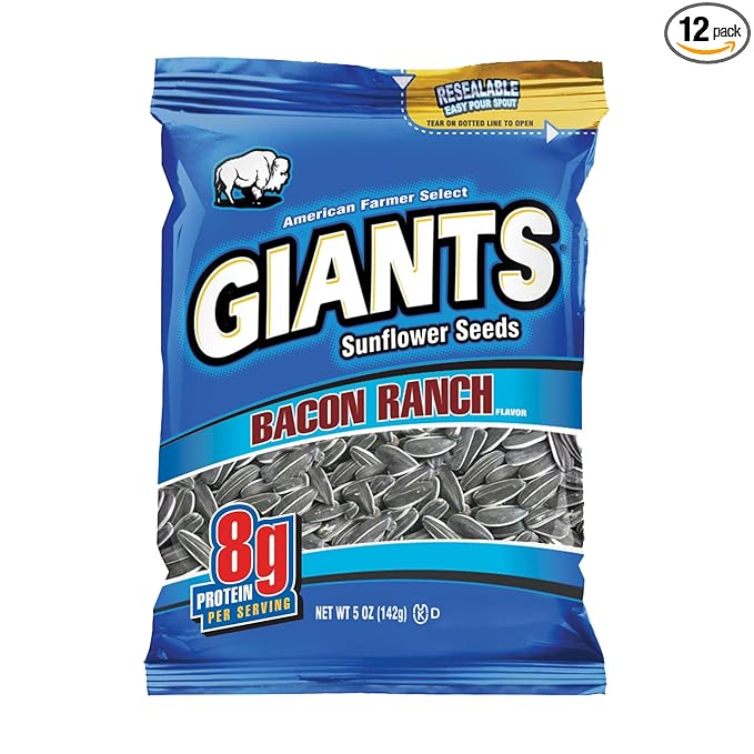 Giants Bacon Ranch Sunflower Seeds Bulk - Flavored Sunflower Seed Snack, Roasted Sunflower Seeds to Eat - 5 oz Resealable Bags (Pack of 12)