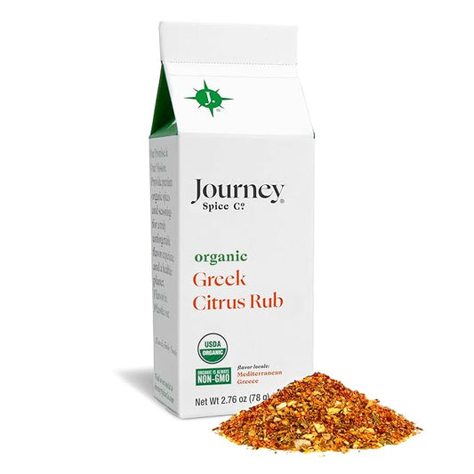Organic Greek Citrus Rub by Journey Spice Co. | Gourmet Mediterranean Herb Spice Seasoning Blend for Fish, Chicken, Poultry, Vegetables, Potatoes, and More | MSG-Free, Salt-Free, Sugar-Free, Non-GMO | 2.76 oz. | Resealable/Reusable Cap