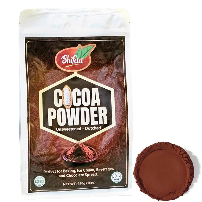 Cocoa Powder Unsweetened, Shifaa Alkalized - Reddish Brown:10-12% | Rich in Antioxidants, High Fibre & Protein | No Sugar Added | Vegan, Non-GMO | Halal & Kosher | For Baking, Drinks, Desserts ??16oz
