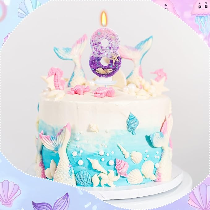 Purple Mermaid Party Number 8 Cake Candles, 2.76 inch Birthday Candle, Cake Topper Decoration for Birthday Party (Number 8)
