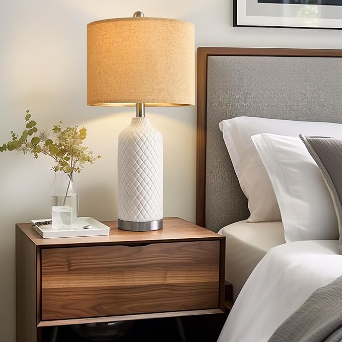 24.25" Single Table Lamp for Bedroom Modern Ceramic Nightstand Lamp White Bedside Lamp Boho Living Room Lamp Farmhouse Bedroom Lamp Side Table Lamp End