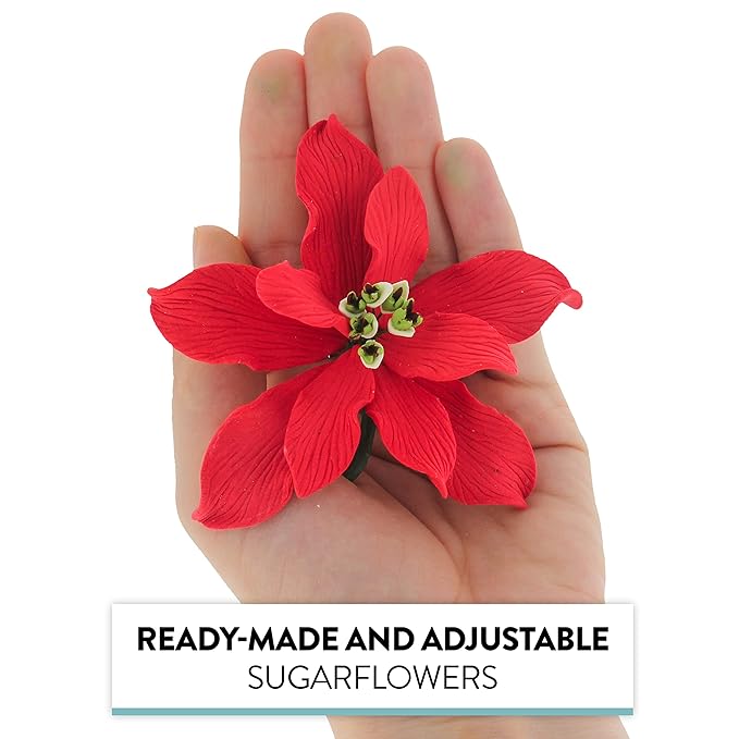 Global Sugar Art Poinsettia Fancy Sugar Cake Flowers, Red, Small, 3 Count by Chef Alan Tetreault. Perfect for Christmas Cake Decorations, Yule Logs, Gingerbread Houses, and more.