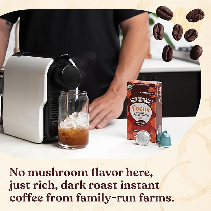 Four Sigmatic Focus High Caffeine Coffee Pods Compatible with Nespresso Original | Organic Dark Roast Espresso with Added Focus | Mushroom Coffee Enhanced with Lion's Mane | High Caffeine 10ct