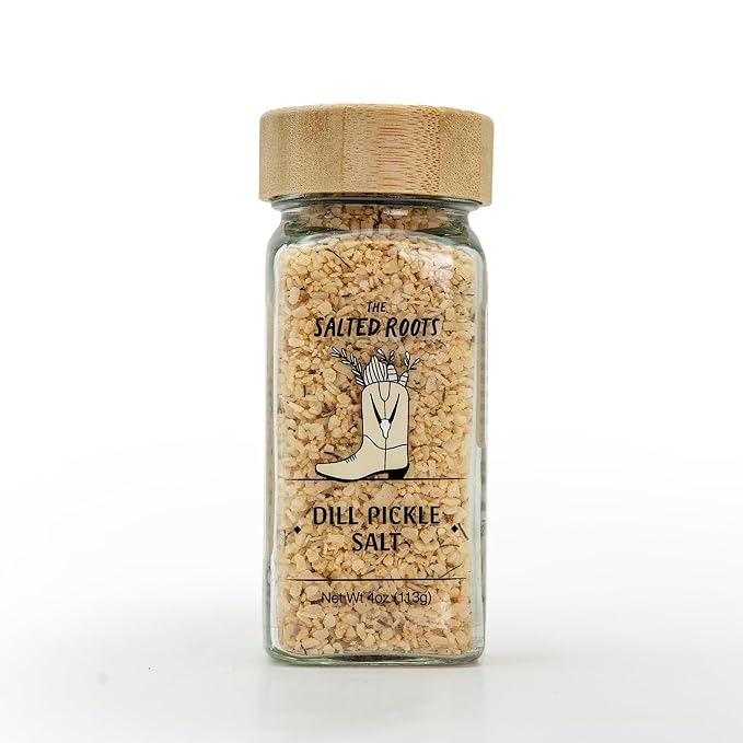 The Salted Roots - Dill Pickle Salt - Vodka-Infused with Fresh Dill, Vinegar & Pickling Spices - Tangy Gourmet Seasoning for Bloody Marys, Burgers, Popcorn & Fries - 4oz Jar