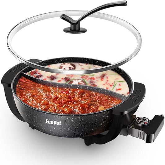 6L Electric Hot Pot with Black Graphene Handles, 1100W Adjustable Temperature Control, Non-Stick Coating, Dual Compartment & Overheat Safe (Simple On/Off Control)