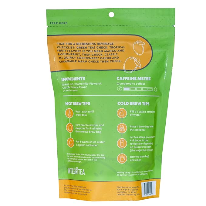 IntegriTEA Green Mango Flavored Green Tea, 6 Organic Unsweetened Iced Tea Bags, 6 Gallons, Hot or Cold Brew, Fairly & Sustainably Sourced