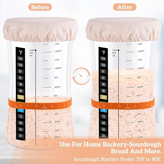 50 OZ Sourdough Starter Jar with Thermometer, Scraper, Cloth Cover and Lid. Reusable Sourdough Jar Kit Use for Home Bakery