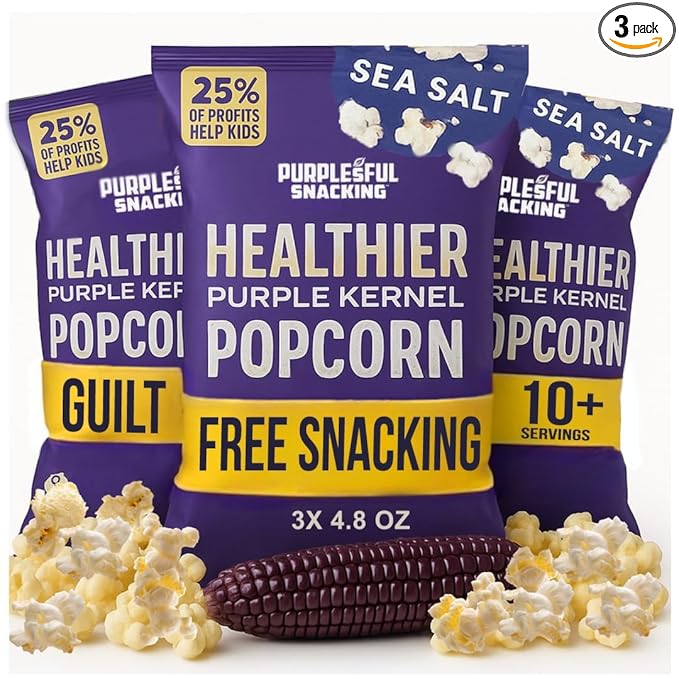 Purplesful Purple Corn Popcorn, Silkier, Creamier & Healthy Popcorn, Vegan-Friendly, Non-GMO, Flavorful Popped Corn Gourmet Snack, Sea Salt, Big Bulk Pack - 4.8 Oz Per Pack (Pack of 3)
