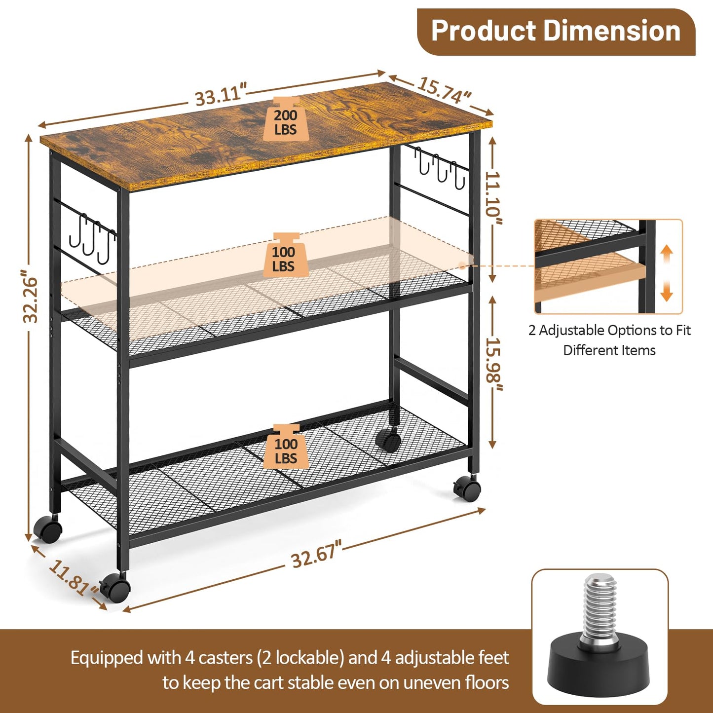 3 Tier Rolling Kitchen Microwave Cart, 33 Inch Microwave Table Stand with Adjustable Shelf, Kitchen