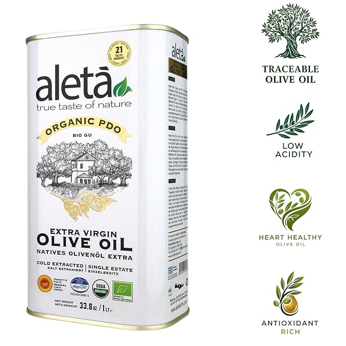 Aleta, USDA Organic Greek Extra Virgin Olive Oil, EU Certified Single Estate PDO Greece, 1 Lt (33.8 oz.) Tin, Kosher EK, Pack of 1