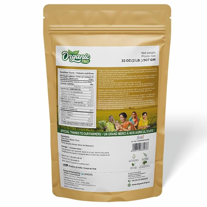 Organic Zing Besan Flour also known as Chickpea Flour, Bengal Gram Flour or Garbanzo Bean Flour |Vegan| Preservative Free | Product of India - (907gm) Resealable Pack