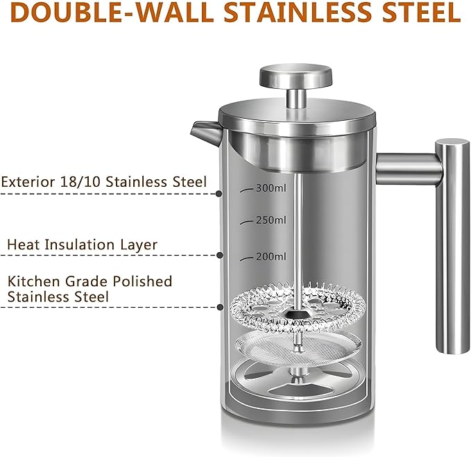 Small French Press Coffee Maker - Small 12oz/350ml Single Cup Metal French Press(1 Cup), Stainless Steel Double Wall Insulated Coffee & Tea Maker w/ 3 Extra Screens + 1 Spoon (Silver), Dishwasher Safe