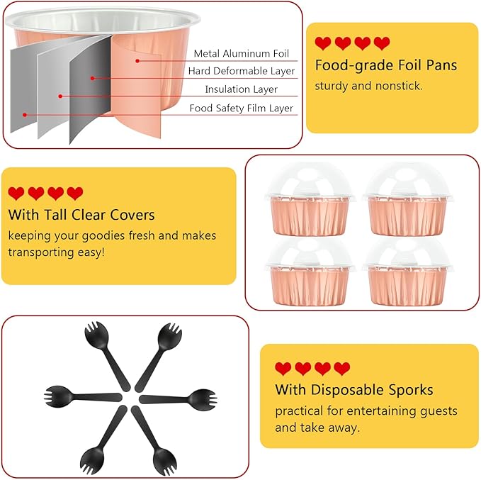 Jumbo 5oz Aluminum Foil Cupcake Liners with Lids 50 Pack,Free-Air Disposable Ramekins Muffin Tin,Mini Cake Baking Pans Muffin Cups,Mini Cupcake Pans Holders -Champagne