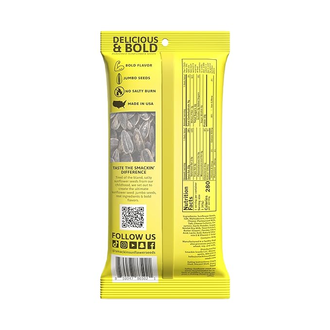 SMACKIN' Sunflower Seeds, Roasted Jumbo Small-Batch, American Made - Garlic Parmesan. 1.5oz bags (36 Pack)