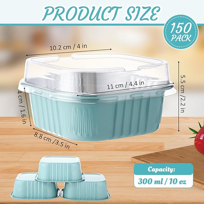 Aoriher 150 Pieces 10 oz Mini Cake Pans with Lids Aluminum Foil Baking Cups Square Disposable 4" x 4" Large Cupcake Cups Baking Tins for Kitchen Brownie Pudding Desserts Holders(Light Blue)