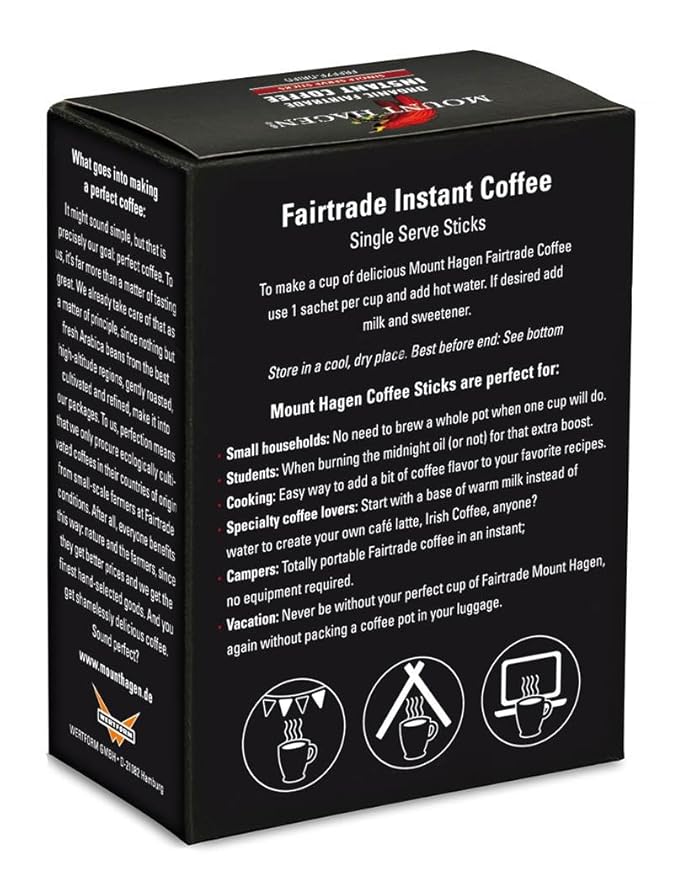 Mount Hagen 25 Count Single Serve Instant Coffee Packets - 2 Pack | Organic Medium Roast Arabica Beans [2 x 25 sticks/1.76oz/50g]