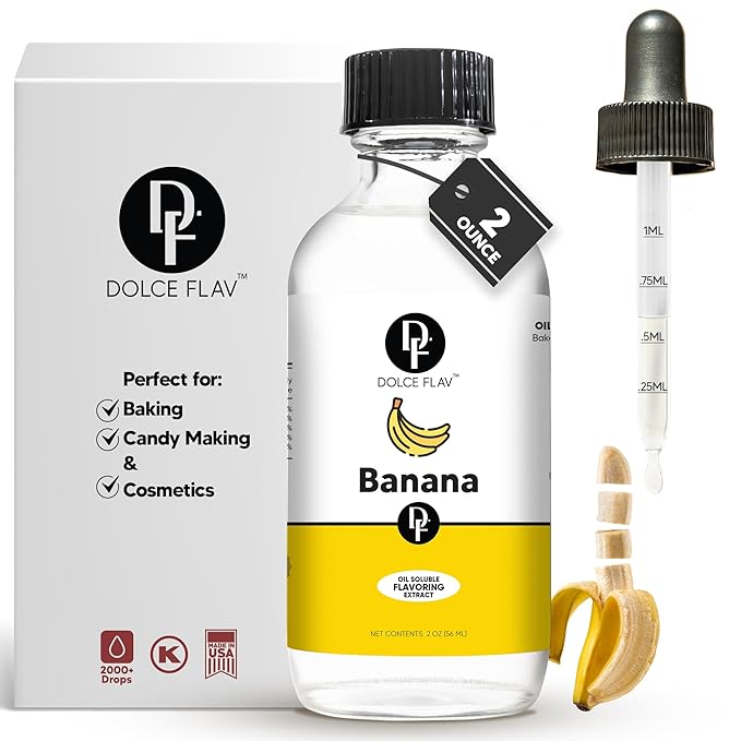 Dolce Flav Banana Extract ??2 Ounce Oil-Soluble Kosher, Sugar-Free, Concentrated Ripe Banana Flavoring for Baking, Smoothies & Ice Cream, Includes Measured Dropper