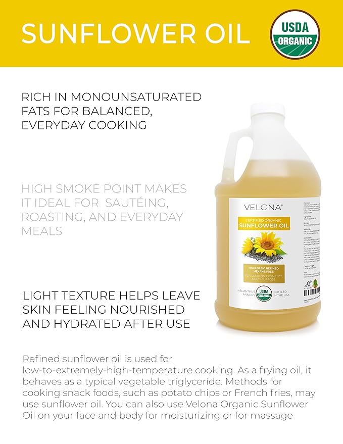 velona USDA Certified Organic Sunflower Oil - 64 Fl Oz | 100% Pure and Natural Carrier Oil | High Oleic, Refined| Cooking, Skin, Hair, Body & Face Moisturizing