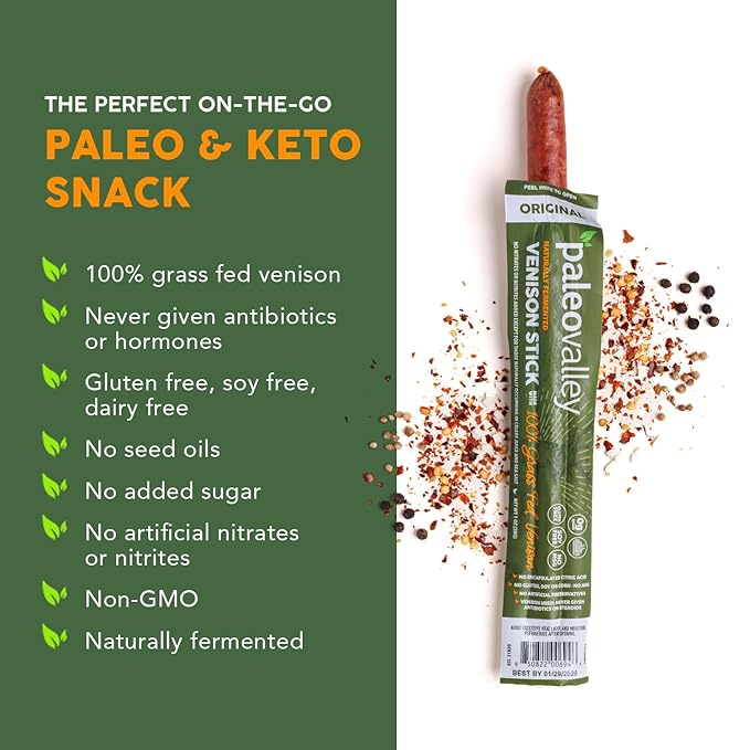 Paleovalley 100% Grass Fed Venison Sticks - 10 Pack -Keto-Friendly, High Protein, Low-Calorie Snack - Omega-3 Rich, Gluten-Free, Nitrate-Free, Naturally Flavored -Healthy On-the-Go Meat Snack