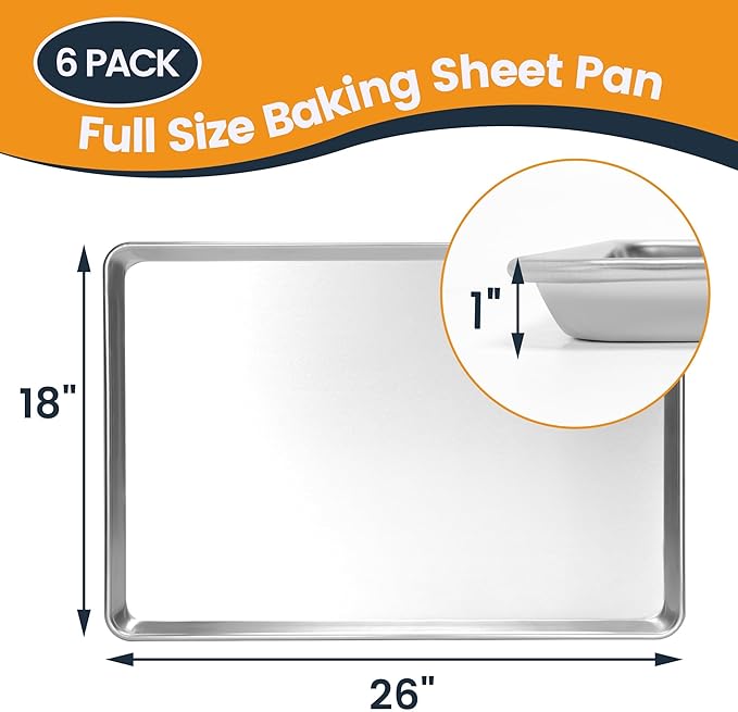 6 Pack Full Size Baking Sheet Pan, Aluminum Commercial Cookie Sheet Pan, Durable & Anti-Stick 26?쓝 18??,<div>