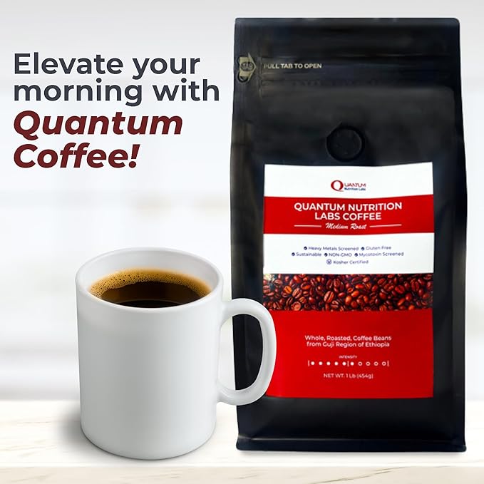 Quantum Organic Whole Roasted Coffee Beans - Medium Roast, From Guji Region of Ethiopia, Crafted for Optimal Health Benefits, Sweet & Fruity, Well-Balanced, Gluten Free, Sustainable, Non-GMO - 1 Pound