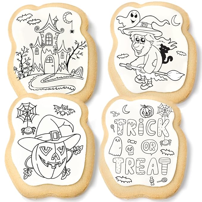 Halloween Cookies Decorating Kit Coloring Gift For Kids Food | 4 Jumbo Cookies + 3 Edible Markers | Individually Wrapped | Activities Pumpkin Witch Ghost Holiday Fall