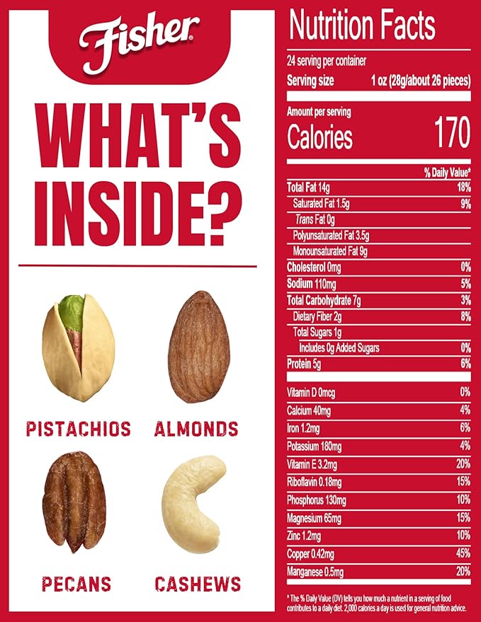 Fisher Oven Roasted Never Fried Deluxe Mixed Nuts, 24 Ounces (Pack of 1), Almonds, Cashews, Pecans, Pistachios, Healthy Snacks for Adults, Made With Sea Salt, No Added Oil, Trail Mix, Gluten Free