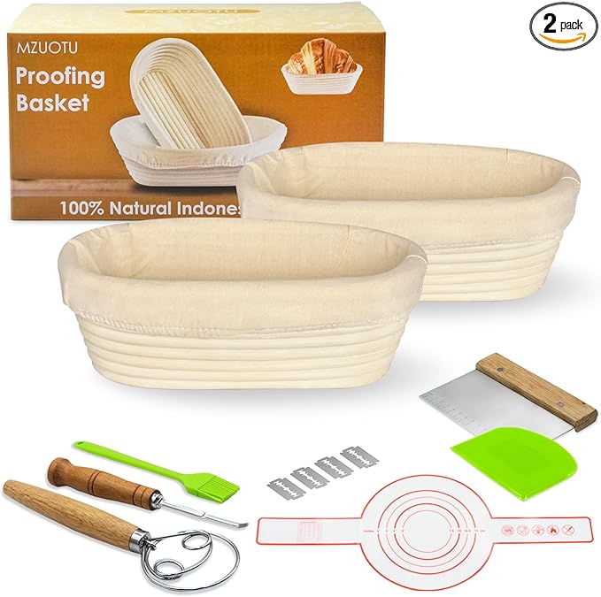 Sourdough Bread Baking Supplies- Set of 2 Oval Banaton Basket with Sourdough Starter Kit and Making Tools Accessories for Homemade Bread