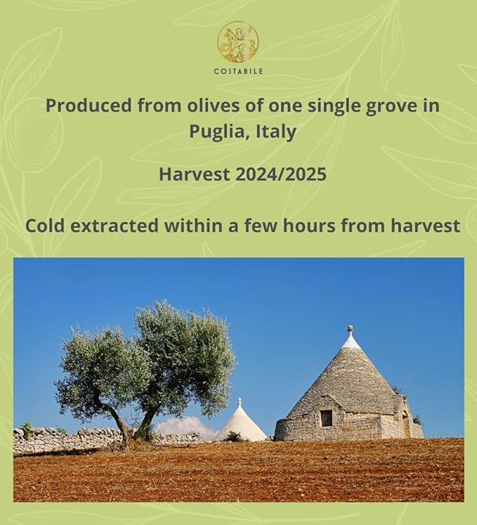 Basil Olive Oil Organic from Puglia, Italy. Basil Infused Extra Virgin Olive Oil from a single source. Perfect for Salad Dressing - COSTABILE 8.45 Fl. Oz.