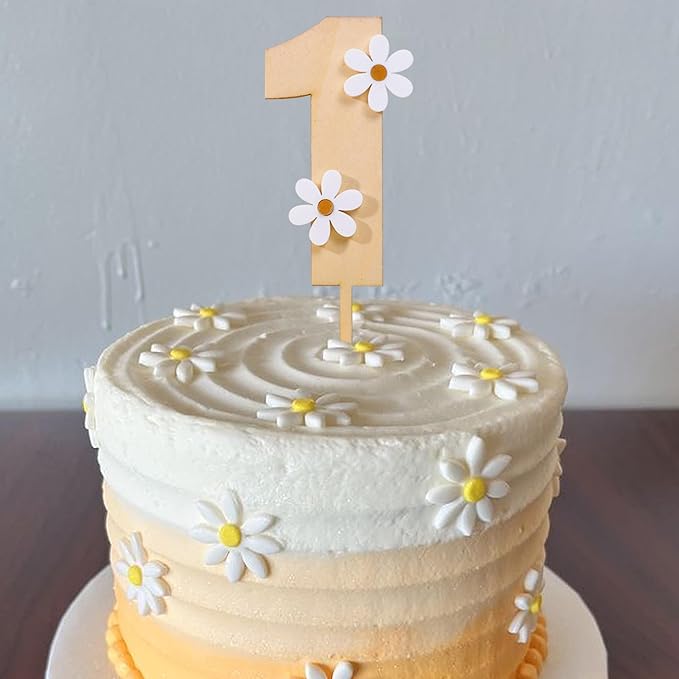Wooden Daisy Cake Topper for 1st Birthday - Boho, Retro Groovy Party Decor, Wooden Cake Decorating Supplies, First Anniversary