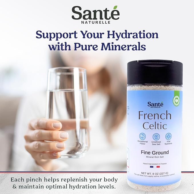 Sante French Fine Ground Sea Salt Shaker - 8 oz. Salt From the Celtic Sea, Unrefined French Sea Salt Organic, Rich in 82+ Minerals, 100% Natural & Hand Harvested