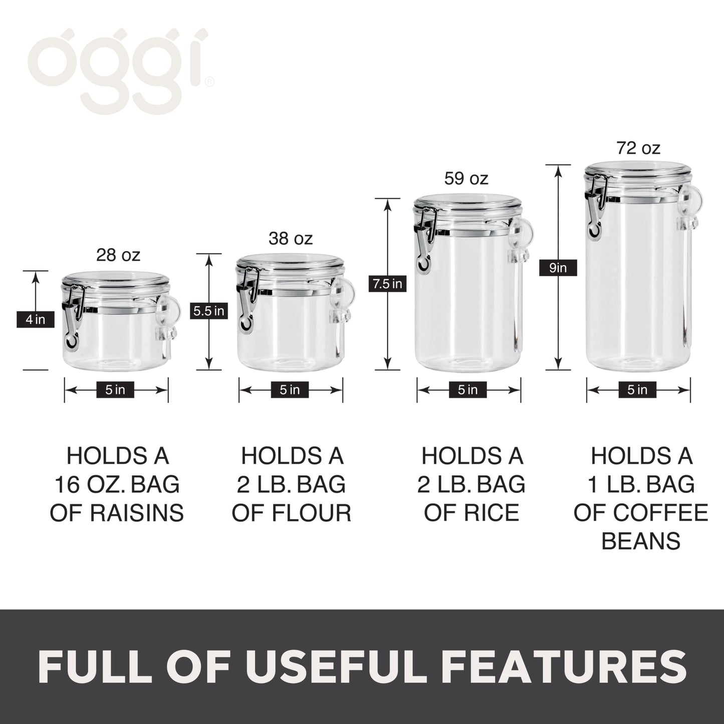 Oggi 4pc Clear Canister Set with Clamp Lids & Spoons - Airtight Food Storage Containers, Ideal for