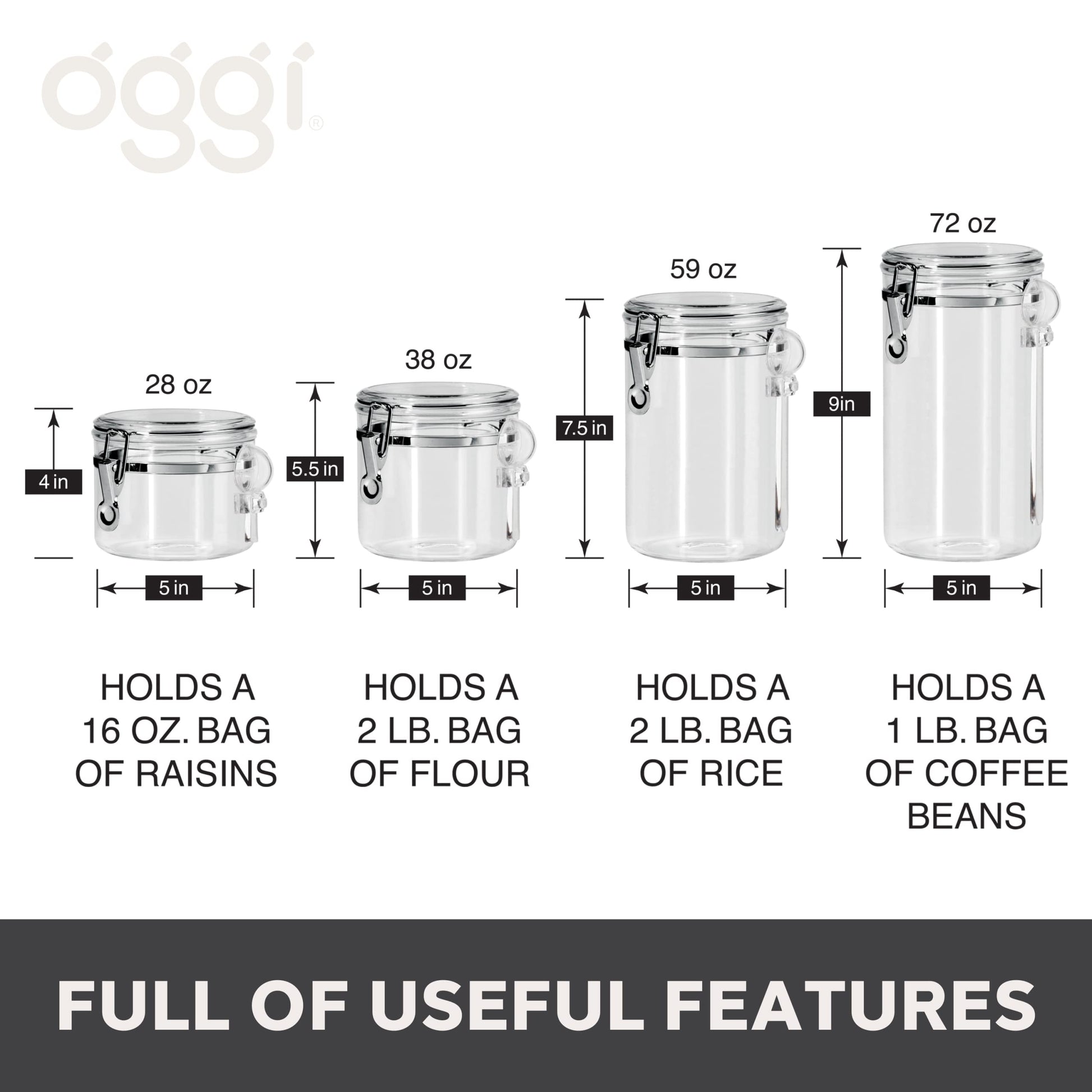 Oggi 4pc Clear Canister Set with Clamp Lids & Spoons - Airtight Food Storage Containers, Ideal for