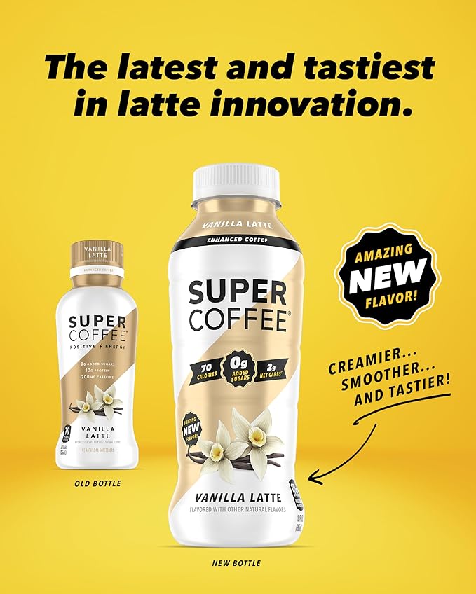 Super Coffee, Ready To Drink Iced Coffee, Vanilla Latte (12 Ounce Bottles, Pack of 12) - Low Net Carbs, No Added Sugar, Keto Friendly, 10g of Protein, Low Calorie, Protein Coffee