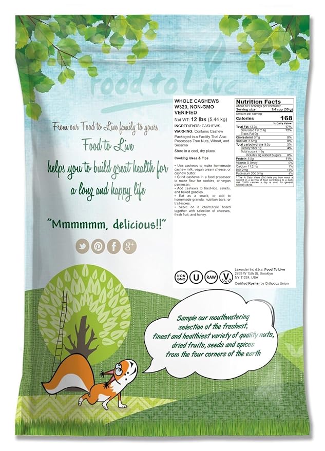 Food to Live - Raw Cashews, 12 Pounds ??Deluxe Whole Nuts, Unsalted, Unroasted Fancy Snack, Size W-320, Kosher, Vegan, Bulk, Rich in Magnesium