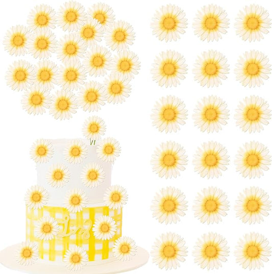 60 Pack Edible Flower Cupcake Toppers Wafer Paper Beautiful Flower Cake Picks for Wedding Birthday Theme Baby Shower Party Cake Decorations Supplies Light Yellow