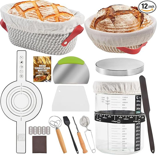 Sourdough Starter Kit, Sourdough Bread Baking Supplies with with 40oz Jar, 10" & 11" Cotton Banneton Proofing Baskets Set - Artisan Bread Tools, Silicone Sling for Homemade Sourdough Baking