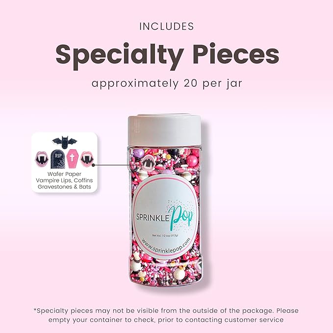 Sprinkle Pop Drop Dead Gorgeous Sprinkle Mix| Black White Purple Pink Sprinkles with ~20 Pink Caskets Bats Fangled Lips Tombstones Wafer Paper| Halloween Sprinkles Made in USA For Cakes Cupcakes,4oz