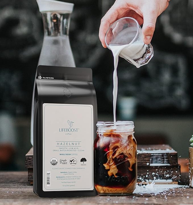 Lifeboost Hazelnut Whole Bean Coffee ??Organic, Low Acid, Non-GMO Hazelnut Flavored Coffee ??Single Origin, Mold-Free Mycotoxin Tested, 12 oz