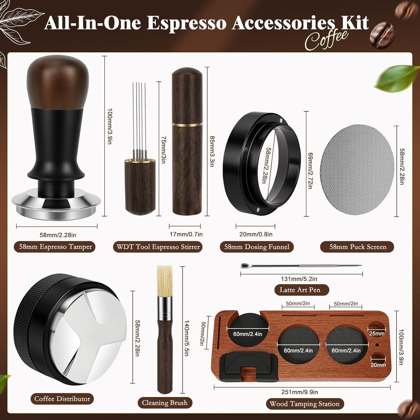 YUNGOO 8 PCS Espresso Accessories Kit, 58mm Espresso Tamper Kit Coffee Tamper Set with Coffee