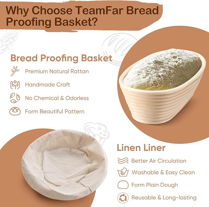 TeamFar Bread Proofing Basket Set of 2, Sourdough Bread Baking Supplies, 10 Inch Oval Proofing Baskets for Sourdough Bread Baking, Proofing Bowls with Liner for Dough Fermentation